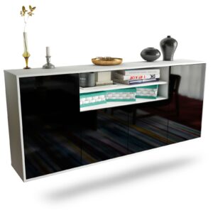 Sideboard - Elsita - Design Hochglanz - Wandmontage mit Push to Open 180 cm Weiss - Front Schwarz  Bestellnummer:1020301267