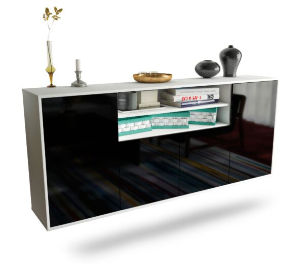 Sideboard - Elsita - Design Hochglanz - Wandmontage mit Push to Open 180 cm Weiss - Front Schwarz  Bestellnummer:1020301267