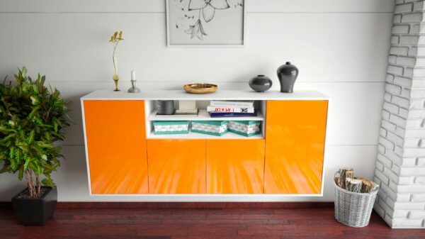 Sideboard - Elsita - Design Hochglanz - Wandmontage mit Push to Open 180 cm Weiss - Front Grau  Bestellnummer:1020301270