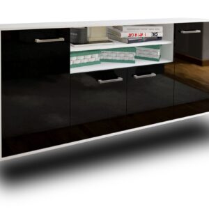 Sideboard - Elsita - Design Hochglanz - Wandmontage mit Griffe 180 cm Weiss - Front Schwarz  Bestellnummer:1020301284