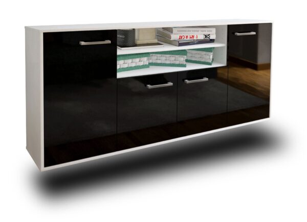 Sideboard - Elsita - Design Hochglanz - Wandmontage mit Griffe 180 cm Weiss - Front Schwarz  Bestellnummer:1020301284