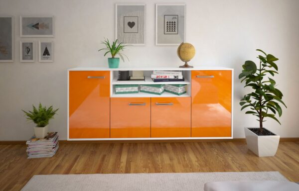 Sideboard - Elsita - Design Hochglanz - Wandmontage mit Griffe 180 cm Weiss - Front Grau  Bestellnummer:1020301287