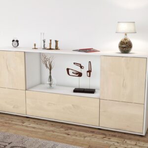 Sideboard - Elvezia - Design Holzdekor - Freistehend mit Push to Open 180 cm Weiss - Front Pinie  Bestellnummer:1020301433