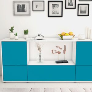 Sideboard - Elvezia - Design Farbakzent - Freistehend mit Push to Open 180 cm Weiss - Front Gelb  Bestellnummer:1020301442