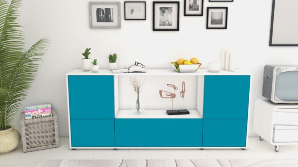 Sideboard - Elvezia - Design Farbakzent - Freistehend mit Push to Open 180 cm Weiss - Front Gelb  Bestellnummer:1020301442