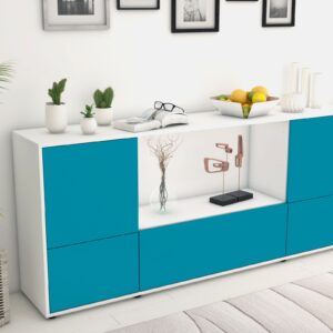 Sideboard - Elvezia - Design Farbakzent - Freistehend mit Push to Open 180 cm Weiss - Front Lila  Bestellnummer:1020301443