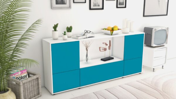 Sideboard - Elvezia - Design Farbakzent - Freistehend mit Push to Open 180 cm Weiss - Front Lila  Bestellnummer:1020301443