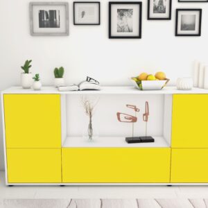 Sideboard - Elvezia - Design Farbakzent - Freistehend mit Push to Open 180 cm Weiss - Front Rot  Bestellnummer:1020301445