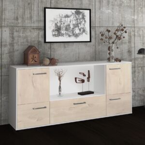 Sideboard - Elvezia - Design Holzdekor - Freistehend mit Griffe 180 cm Weiss - Front Pinie  Bestellnummer:1020301450