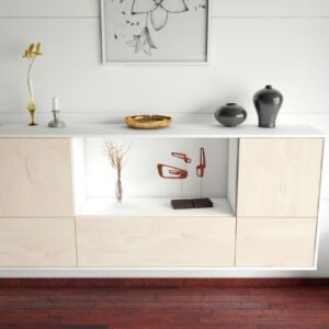 Sideboard - Elvezia - Design Holzdekor - Wandmontage mit Push to Open 180 cm Weiss - Front Walnuss  Bestellnummer:1020301466