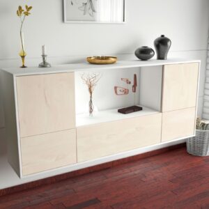 Sideboard - Elvezia - Design Holzdekor - Wandmontage mit Push to Open 180 cm Weiss - Front Pinie  Bestellnummer:1020301467