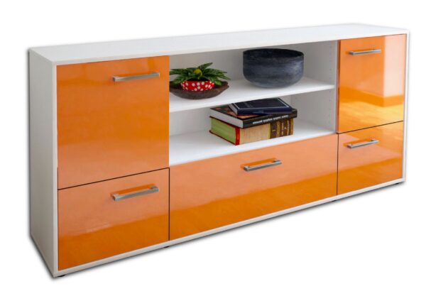 Sideboard - Emanuela - Design Hochglanz - Freistehend mit Griffe 180 cm Weiss - Front Orange  Bestellnummer:1020301657