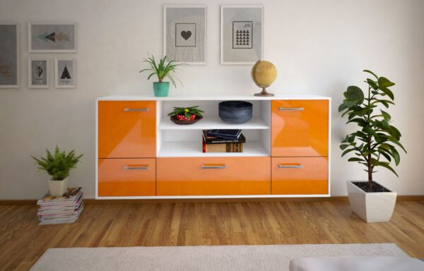 Sideboard - Emanuela - Design Hochglanz - Wandmontage mit Griffe 180 cm Weiss - Front Schwarz  Bestellnummer:1020301692