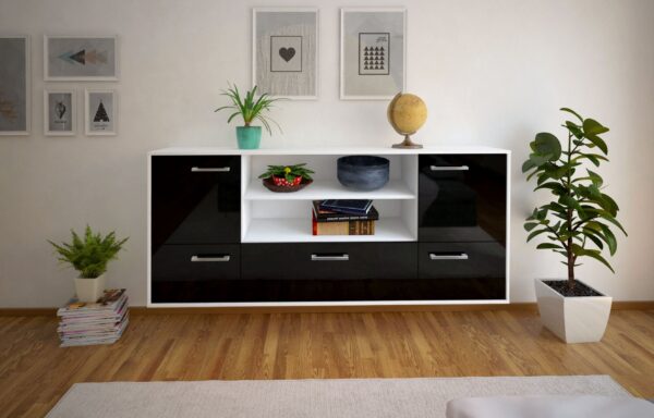 Sideboard - Emanuela - Design Hochglanz - Wandmontage mit Griffe 180 cm Weiss - Front Grau  Bestellnummer:1020301695