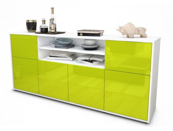 Sideboard - Emilia - Design Hochglanz - Freistehend mit Push to Open 180 cm Weiss - Front Gr?n  Bestellnummer:1020302051