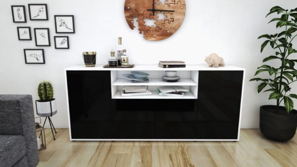 Sideboard - Emilia - Design Hochglanz - Freistehend mit Push to Open 180 cm Weiss - Front Grau  Bestellnummer:1020302052