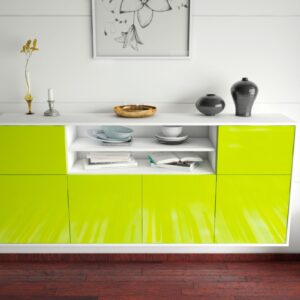 Sideboard - Emilia - Design Hochglanz - Wandmontage mit Push to Open 180 cm Weiss - Front Schwarz  Bestellnummer:1020302083