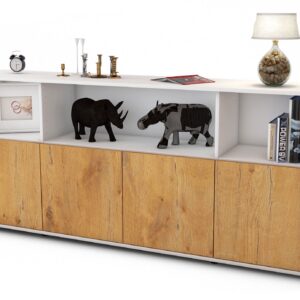 Sideboard - Enrica - Design Holzdekor - Freistehend mit Push to Open 180 cm Weiss - Front Eiche  Bestellnummer:1020302247