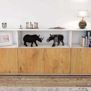 Sideboard - Enrica - Design Holzdekor - Freistehend mit Push to Open 180 cm Weiss - Front Walnuss  Bestellnummer:1020302248