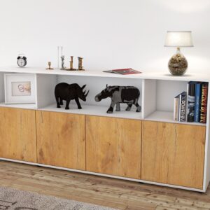 Sideboard - Enrica - Design Holzdekor - Freistehend mit Push to Open 180 cm Weiss - Front Pinie  Bestellnummer:1020302249