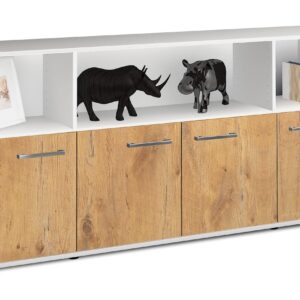 Sideboard - Enrica - Design Holzdekor - Freistehend mit Griffe 180 cm Weiss - Front Eiche  Bestellnummer:1020302264