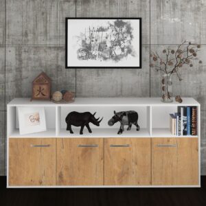 Sideboard - Enrica - Design Holzdekor - Freistehend mit Griffe 180 cm Weiss - Front Walnuss  Bestellnummer:1020302265