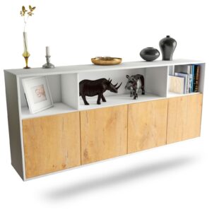 Sideboard - Enrica - Design Holzdekor - Wandmontage mit Push to Open 180 cm Weiss - Front Eiche  Bestellnummer:1020302281