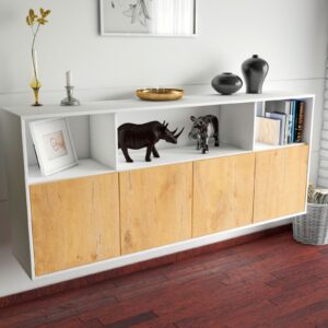 Sideboard - Enrica - Design Holzdekor - Wandmontage mit Push to Open 180 cm Weiss - Front Pinie  Bestellnummer:1020302283