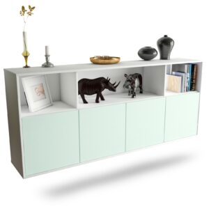 Sideboard - Enrica - Design Farbakzent - Wandmontage mit Push to Open 180 cm Weiss - Front Mint  Bestellnummer:1020302291