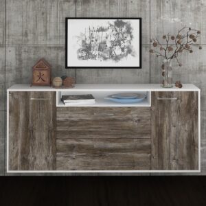 Sideboard - Erina - Design Holzdekor - Wandmontage mit Griffe 180 cm Weiss - Front Walnuss  Bestellnummer:1020302707