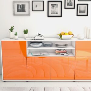 Sideboard - Ermelina - Design Hochglanz - Freistehend mit Push to Open 180 cm Weiss - Front Schwarz  Bestellnummer:1020302763