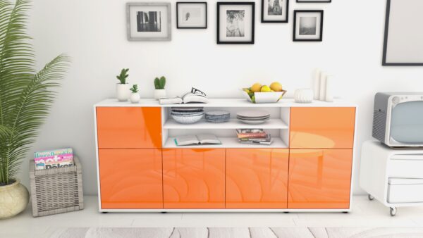 Sideboard - Ermelina - Design Hochglanz - Freistehend mit Push to Open 180 cm Weiss - Front Schwarz  Bestellnummer:1020302763