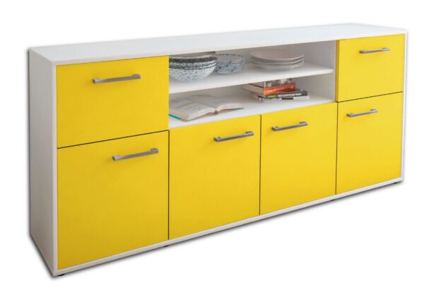 Sideboard - Ermelina - Design Farbakzent - Freistehend mit Griffe 180 cm Weiss - Front T?rkis  Bestellnummer:1020302787