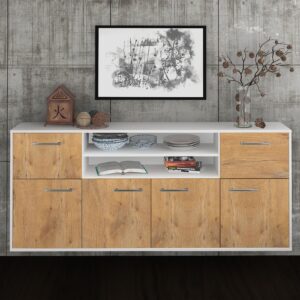 Sideboard - Ermelina - Design Holzdekor - Wandmontage mit Griffe 180 cm Weiss - Front Walnuss  Bestellnummer:1020302809