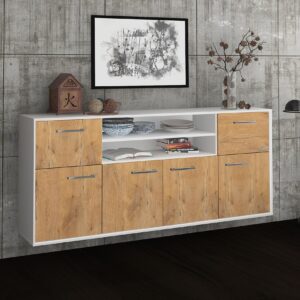 Sideboard - Ermelina - Design Holzdekor - Wandmontage mit Griffe 180 cm Weiss - Front Pinie  Bestellnummer:1020302810