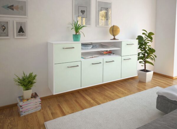 Sideboard - Ermelina - Design Farbakzent - Wandmontage mit Griffe 180 cm Weiss - Front Lila  Bestellnummer:1020302820