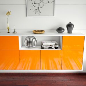 Sideboard - Ermentrude - Design Hochglanz - Wandmontage mit Push to Open 180 cm Weiss - Front Grau  Bestellnummer:1020302902