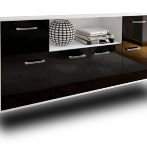 Sideboard - Ermentrude - Design Hochglanz - Wandmontage mit Griffe 180 cm Weiss - Front Schwarz  Bestellnummer:1020302916