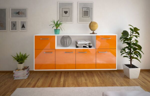 Sideboard - Ermentrude - Design Hochglanz - Wandmontage mit Griffe 180 cm Weiss - Front Grau  Bestellnummer:1020302919