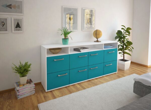 Sideboard - Evita - Design Farbakzent - Freistehend mit Griffe 180 cm Weiss - Front Lila  Bestellnummer:1020303296