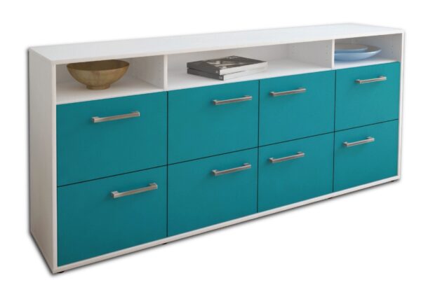 Sideboard - Evita - Design Farbakzent - Freistehend mit Griffe 180 cm Weiss - Front T?rkis  Bestellnummer:1020303297