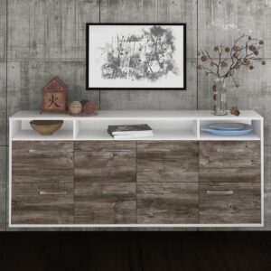 Sideboard - Evita - Design Holzdekor - Wandmontage mit Griffe 180 cm Weiss - Front Walnuss  Bestellnummer:1020303319