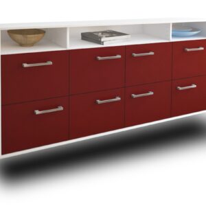 Sideboard - Evita - Design Farbakzent - Wandmontage mit Griffe 180 cm Weiss - Front Rot  Bestellnummer:1020303332