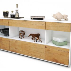 Sideboard - Fabiana - Design Holzdekor - Freistehend mit Push to Open 180 cm Weiss - Front Eiche  Bestellnummer:1020303573