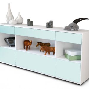 Sideboard - Fabiana - Design Farbakzent - Freistehend mit Push to Open 180 cm Weiss - Front Mint  Bestellnummer:1020303583