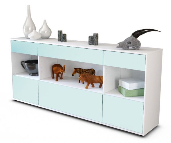 Sideboard - Fabiana - Design Farbakzent - Freistehend mit Push to Open 180 cm Weiss - Front Mint  Bestellnummer:1020303583