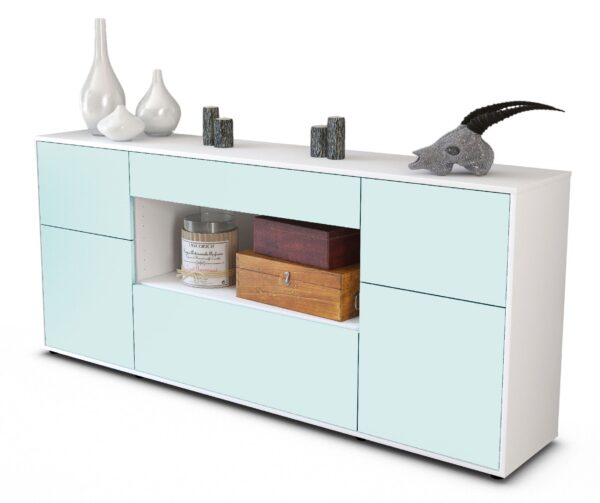 Sideboard - Fabiola - Design Farbakzent - Freistehend mit Push to Open 180 cm Weiss - Front T?rkis  Bestellnummer:1020303688