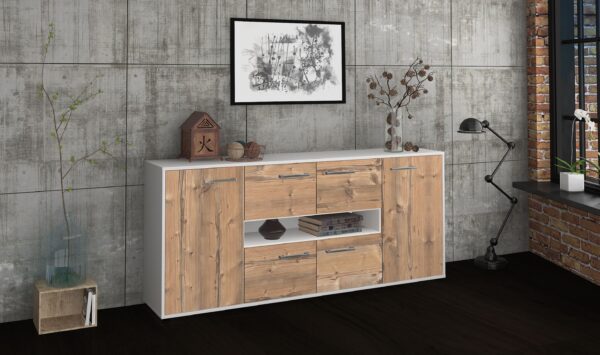 Sideboard - Farina - Design Holzdekor - Freistehend mit Griffe 180 cm Weiss - Front Eiche  Bestellnummer:1020303794