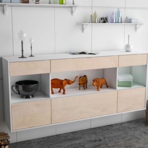 Sideboard - Fabiana - Design Holzdekor - Wandmontage mit Push to Open 180 cm Weiss - Front Pinie  Bestellnummer:1020303813