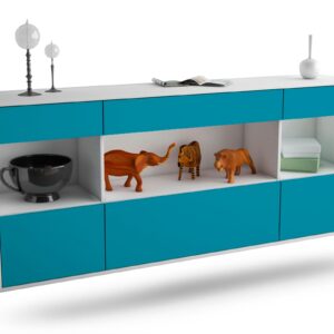 Sideboard - Fabiana - Design Farbakzent - Wandmontage mit Push to Open 180 cm Weiss - Front T?rkis  Bestellnummer:1020303824